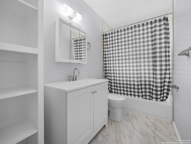 bathroom with vanity, marble finish floor, shower / bath combo, and toilet