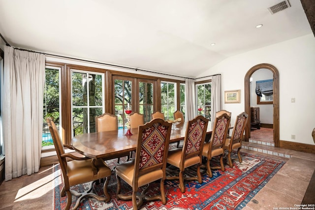 220 N School St, Boerne, TX 78006 - dining space with visible vents, recessed lighting, baseboards, and vaulted ceiling