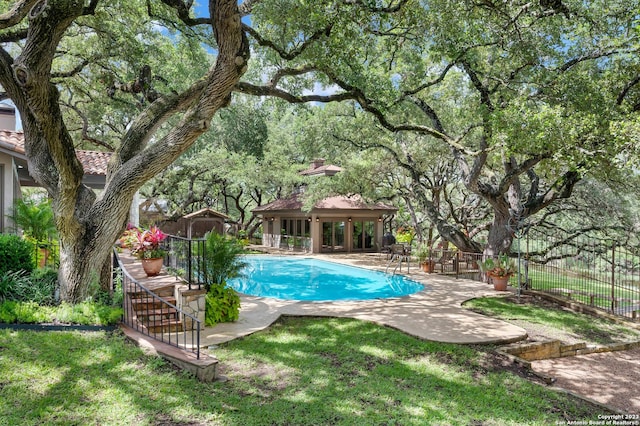 220 N School St, Boerne, TX 78006 - view of swimming pool with a gazebo, a patio area, fence, and a fenced in pool