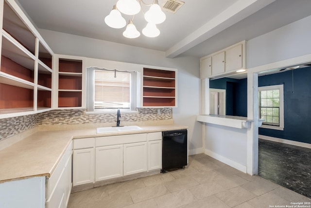 kitchen with black dishwasher, open shelves, a sink, and tasteful backsplash