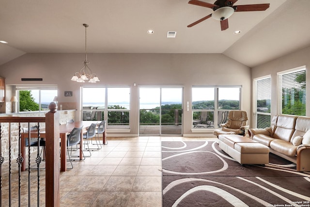 living room featuring visible vents, ceiling fan with notable chandelier, recessed lighting, and lofted ceiling