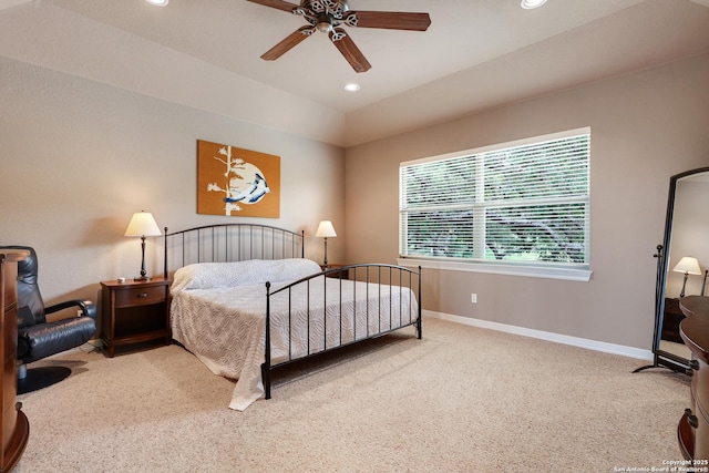 bedroom featuring baseboards, recessed lighting, carpet, and a ceiling fan