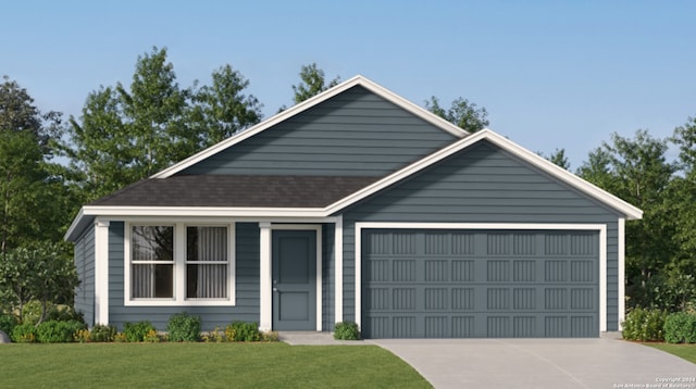 single story home with a garage, a front lawn, roof with shingles, and concrete driveway