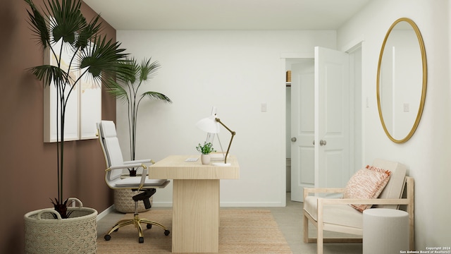 office with baseboards and light carpet