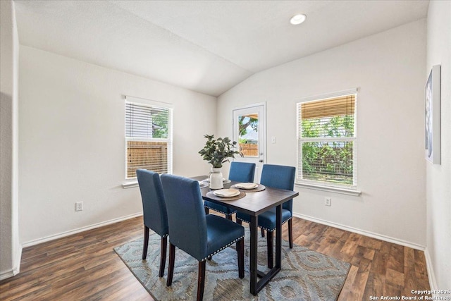 dining space with baseboards, wood finished floors, and lofted ceiling