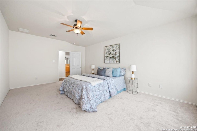 bedroom with visible vents, a ceiling fan, carpet, and baseboards