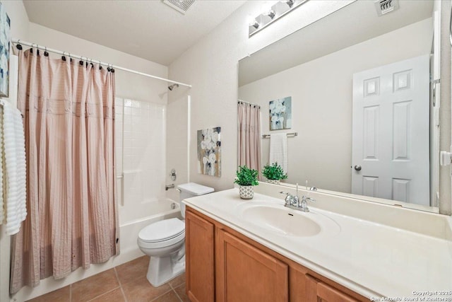 bathroom with tile patterned flooring, vanity, toilet, shower / tub combo, and visible vents