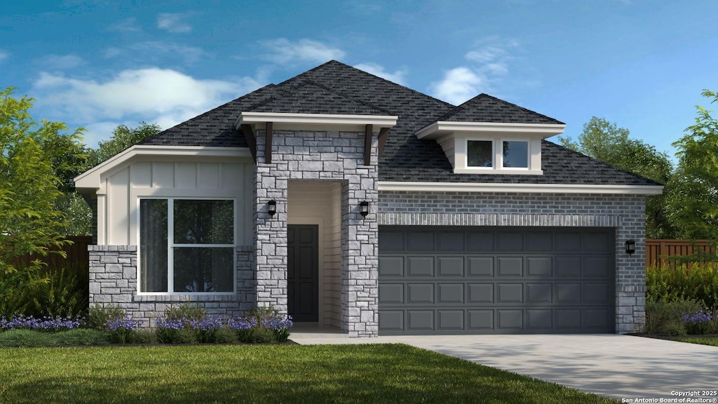 view of front of property featuring a shingled roof, board and batten siding, an attached garage, and stone siding