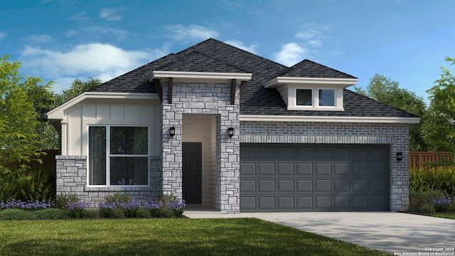 view of front of property featuring a shingled roof, board and batten siding, an attached garage, and stone siding