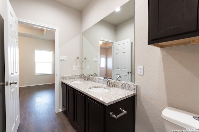 bathroom featuring a sink, double vanity, toilet, and wood finished floors