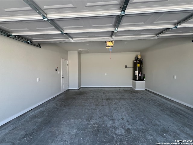 garage with baseboards, a garage door opener, and water heater