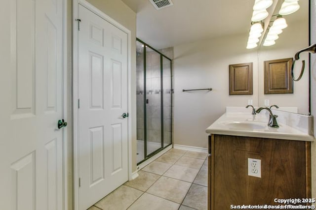17739 Via Del Oro, San Antonio, TX 78257 - full bathroom with double vanity, visible vents, tile patterned flooring, a shower stall, and a sink