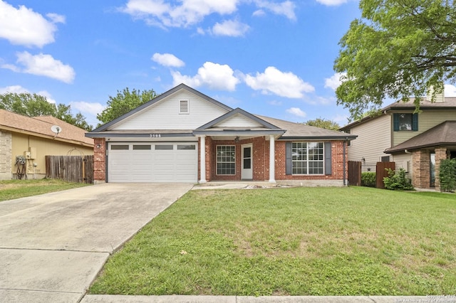 single story home with brick siding, an attached garage, and fence