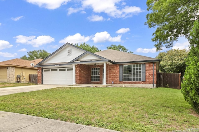 ranch-style home featuring brick siding, a garage, fence, and concrete driveway