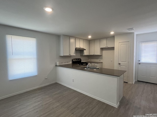 8823 Astral Pl, San Antonio, TX 78252 - kitchen featuring dark countertops, stainless steel gas range oven, a peninsula, and dark wood-style floors