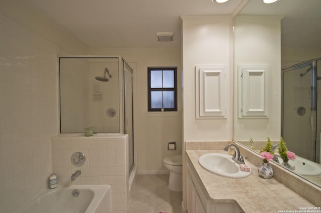 full bath with tile patterned flooring, vanity, toilet, a bath, and a stall shower