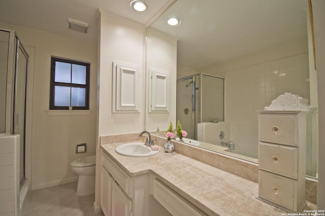 full bath with vanity, toilet, baseboards, tile patterned floors, and a stall shower