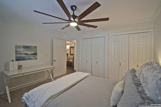 bedroom with crown molding, a ceiling fan, multiple closets, and baseboards