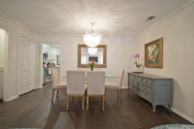 dining area with crown molding, visible vents, an inviting chandelier, and dark wood finished floors
