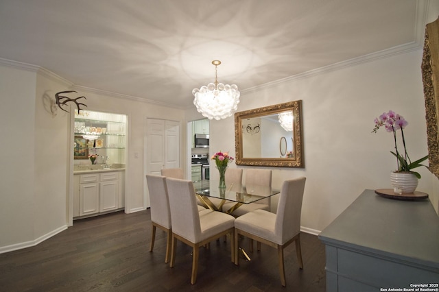 dining space with an inviting chandelier, crown molding, baseboards, and dark wood-type flooring
