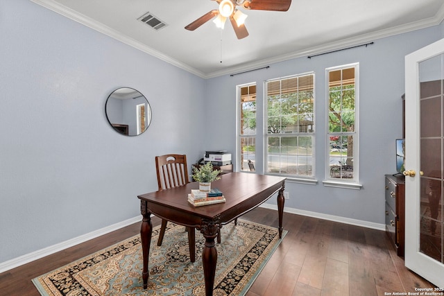 office space featuring ceiling fan, visible vents, ornamental molding, and wood finished floors
