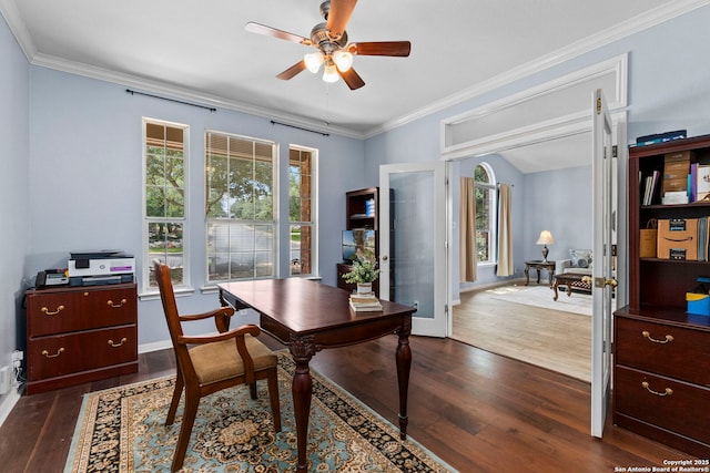 23003 Tornillo Dr, San Antonio, TX 78258 - office area featuring plenty of natural light, ornamental molding, ceiling fan, and dark wood-type flooring