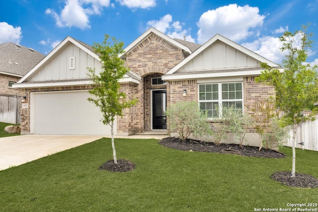 single story home with concrete driveway, board and batten siding, an attached garage, and brick siding