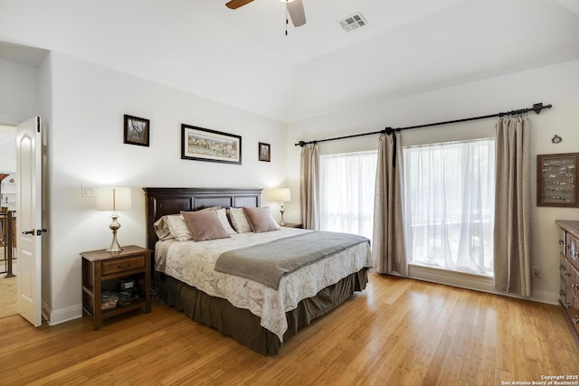 16812 Fox Rdg, Helotes, TX 78023 - bedroom with baseboards, ceiling fan, light wood-style flooring, and visible vents