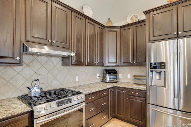 16812 Fox Rdg, Helotes, TX 78023 - kitchen featuring under cabinet range hood, stainless steel appliances, light stone countertops, and backsplash