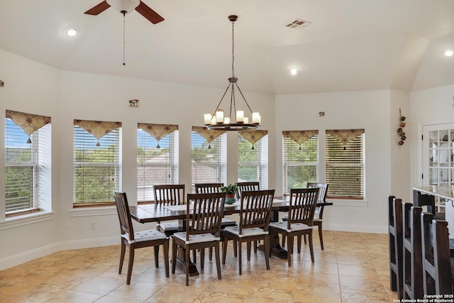 16812 Fox Rdg, Helotes, TX 78023 - dining area with visible vents, baseboards, recessed lighting, ceiling fan with notable chandelier, and light tile patterned floors