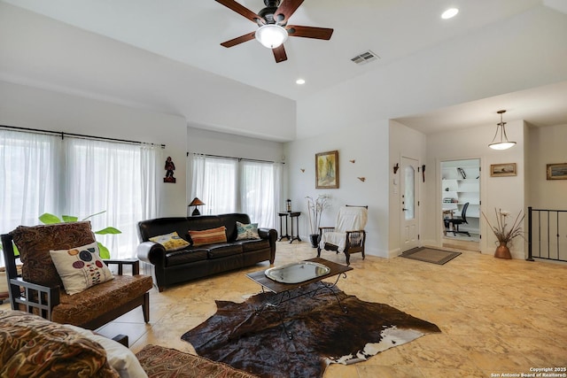 16812 Fox Rdg, Helotes, TX 78023 - living area with baseboards, a ceiling fan, recessed lighting, and visible vents
