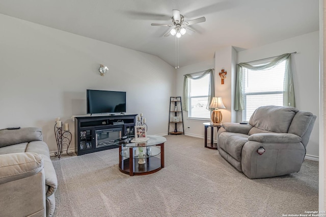 4704 Paluxy, San Antonio, TX 78253 - carpeted living area featuring a ceiling fan, baseboards, and lofted ceiling