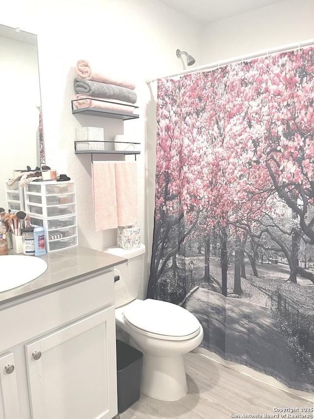 full bathroom featuring vanity, curtained shower, toilet, and wood finished floors