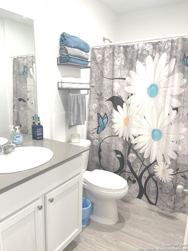 full bath featuring vanity, toilet, wood finished floors, and a shower with shower curtain