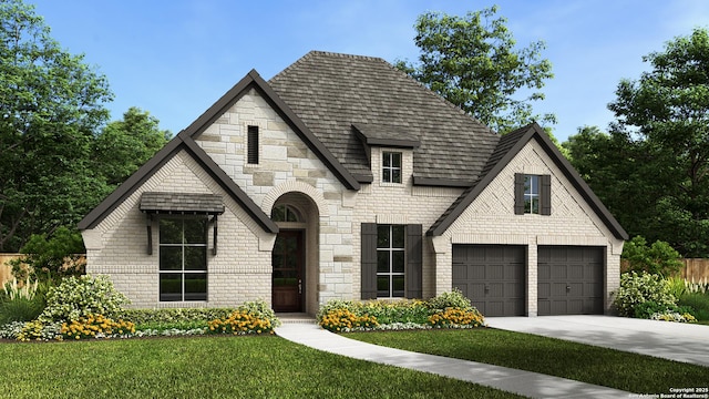 5736 Tug Pt, New Braunfels, TX 78130 - view of front of home featuring a garage, stone siding, a front yard, a shingled roof, and concrete driveway