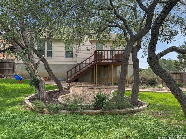 51 Roan, San Antonio, TX 78259 - back of house featuring fence, stairs, a yard, and a wooden deck