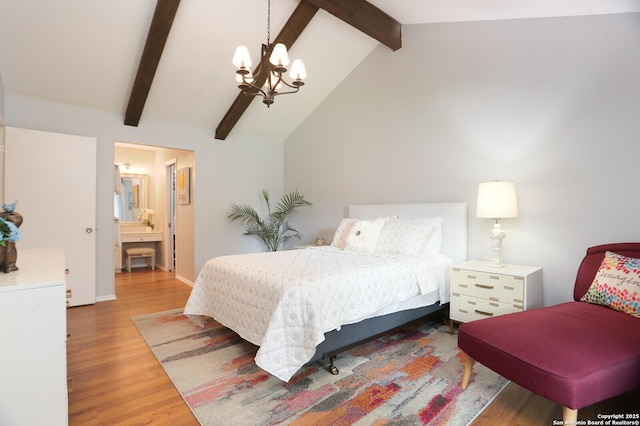 bedroom featuring vaulted ceiling with beams, a notable chandelier, and wood finished floors