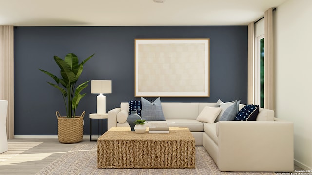 living room with baseboards and wood finished floors