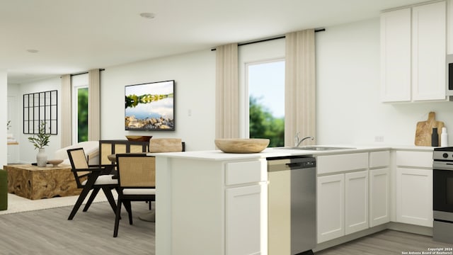kitchen featuring a peninsula, white cabinets, a sink, light wood-style flooring, and stainless steel appliances