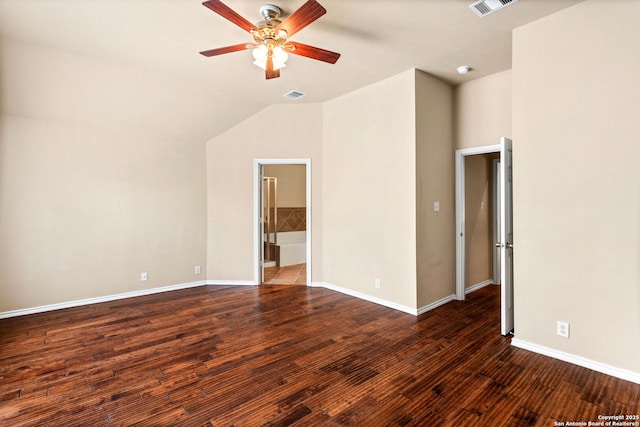 empty room featuring a ceiling fan, baseboards, visible vents, and wood finished floors