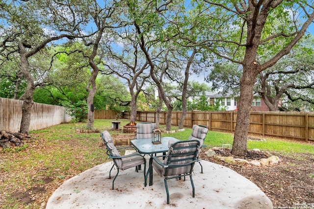 view of patio with a fenced backyard and outdoor dining space