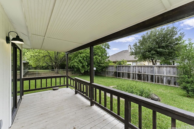 wooden deck with a fenced backyard and a yard