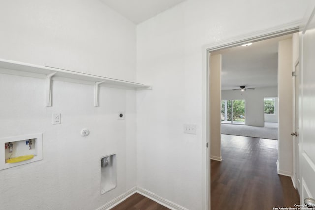 881 Bunton Reserve, Kyle, TX 78640 - laundry room with laundry area, baseboards, dark wood-type flooring, washer hookup, and hookup for a gas dryer