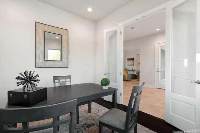 home office with french doors, recessed lighting, and visible vents