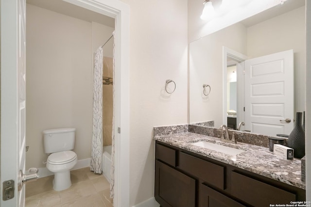 full bathroom featuring shower / bath combo, vanity, toilet, tile patterned floors, and baseboards
