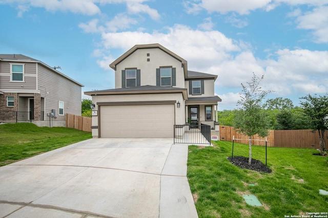 traditional home featuring a garage, stucco siding, driveway, and fence