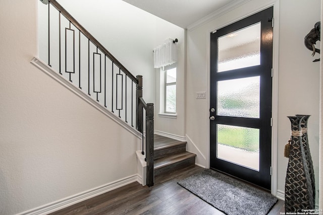 foyer featuring baseboards, dark wood finished floors, stairs, and a wealth of natural light