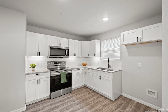 kitchen with baseboards, white cabinetry, a sink, appliances with stainless steel finishes, and backsplash