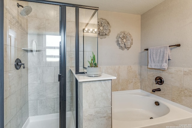 full bath with a garden tub and a shower stall