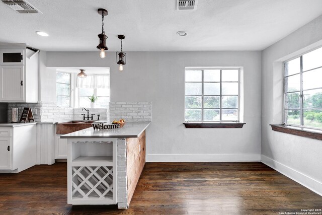 700 Dawson, San Antonio, TX 78202 - kitchen featuring visible vents, white cabinetry, backsplash, and a wealth of natural light